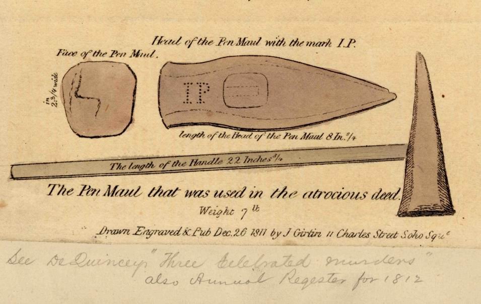 A sketch of he maul used in the Marr murders on Ratcliffe Highway